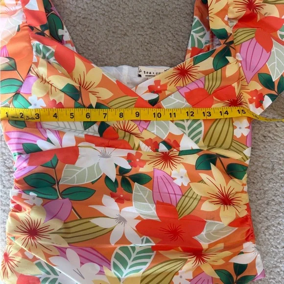 Tea n Cup Vibrant Floral Ruched Blouse - Orange, Green, White - Picture 9 of 10